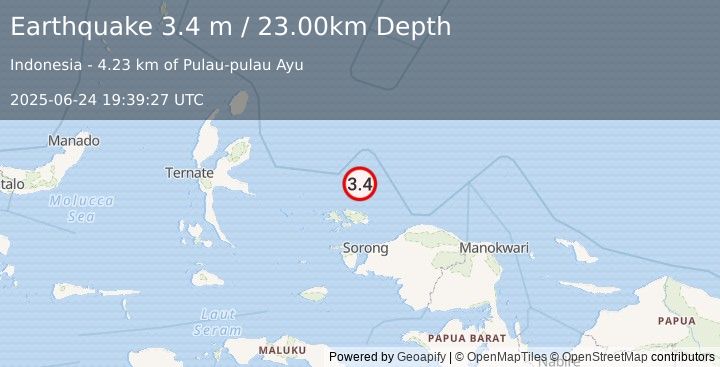Earthquake PAPUA REGION, INDONESIA (3.4 m) (2025-06-24 19:39:27 UTC)