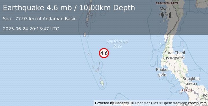 Earthquake NICOBAR ISLANDS, INDIA REGION (4.6 mb) (2025-06-24 20:13:47 UTC)