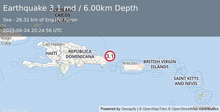 Earthquake DOMINICAN REPUBLIC REGION (3.1 md) (2025-06-24 20:24:56 UTC)