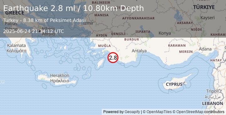 Earthquake DODECANESE IS.-TURKEY BORDER REG (2.8 ml) (2025-06-24 21:34:12 UTC)