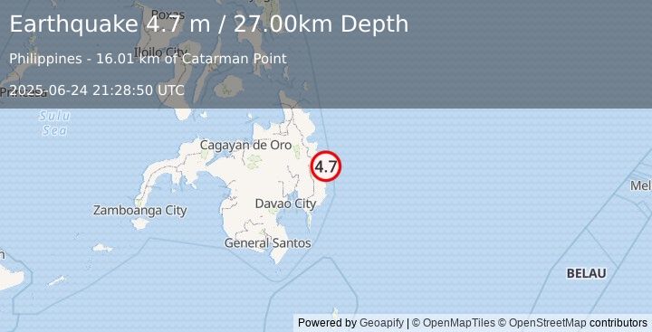 Earthquake MINDANAO, PHILIPPINES (4.7 m) (2025-06-24 21:28:50 UTC)
