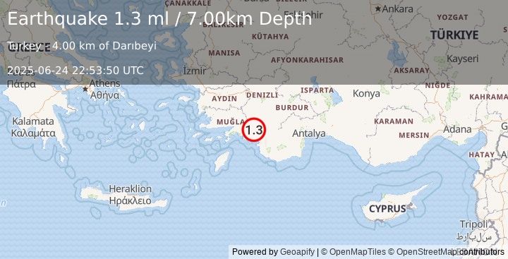 Earthquake DODECANESE IS.-TURKEY BORDER REG (1.3 ml) (2025-06-24 22:53:50 UTC)
