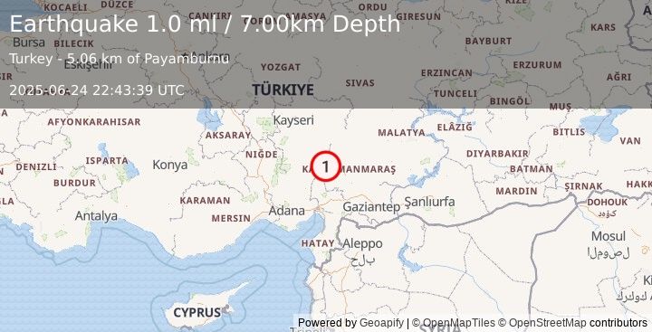 Earthquake CENTRAL TURKEY (1.0 ml) (2025-06-24 22:43:39 UTC)