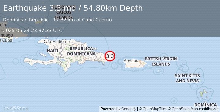 Earthquake DOMINICAN REPUBLIC REGION (3.3 md) (2025-06-24 23:37:33 UTC)