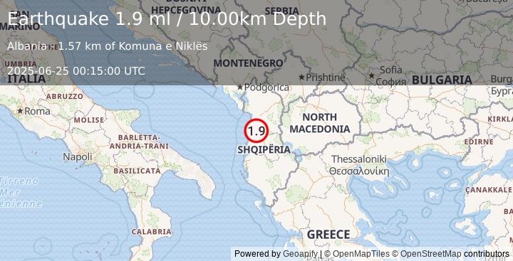 Earthquake ALBANIA (1.9 ml) (2025-06-25 00:15:00 UTC)