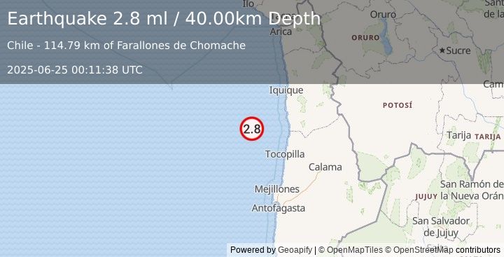 Earthquake OFF COAST OF ANTOFAGASTA, CHILE (2.8 ml) (2025-06-25 00:11:38 UTC)