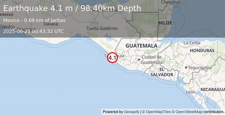 Earthquake CHIAPAS, MEXICO (4.1 m) (2025-06-25 00:43:32 UTC)
