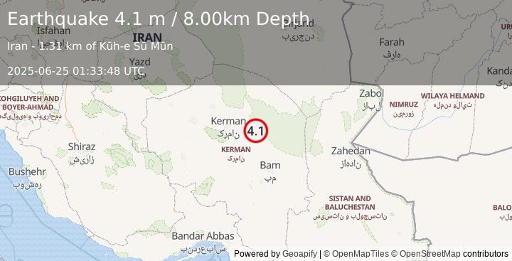 Earthquake EASTERN IRAN (4.1 m) (2025-06-25 01:33:48 UTC)