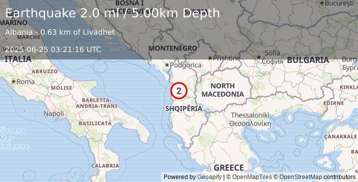 Earthquake ALBANIA (2.0 ml) (2025-06-25 03:21:16 UTC)
