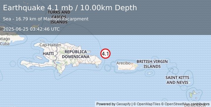 Earthquake DOMINICAN REPUBLIC REGION (4.1 md) (2025-06-25 03:42:50 UTC)