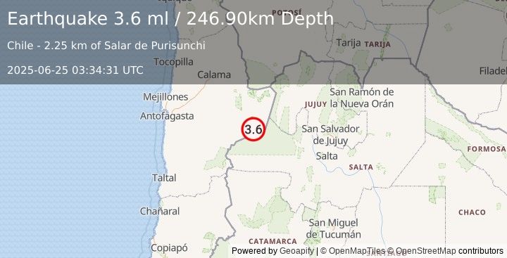 Earthquake ANTOFAGASTA, CHILE (3.6 ml) (2025-06-25 03:34:31 UTC)