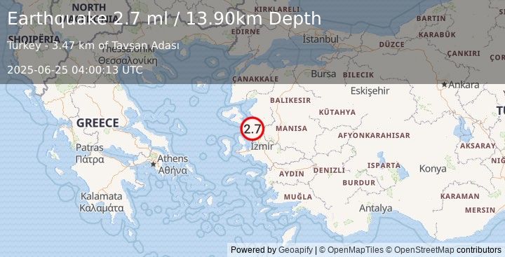 Earthquake NEAR THE COAST OF WESTERN TURKEY (2.7 ml) (2025-06-25 04:00:13 UTC)