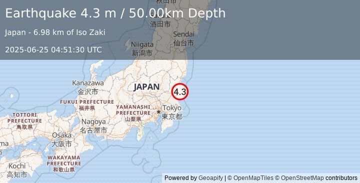 Earthquake NEAR EAST COAST OF HONSHU, JAPAN (4.3 m) (2025-06-25 04:51:28 UTC)