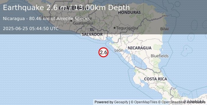 Earthquake NEAR COAST OF NICARAGUA (2.6 m) (2025-06-25 05:44:50 UTC)