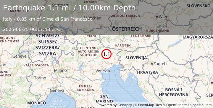 Earthquake NORTHERN ITALY (1.1 ml) (2025-06-25 06:17:43 UTC)
