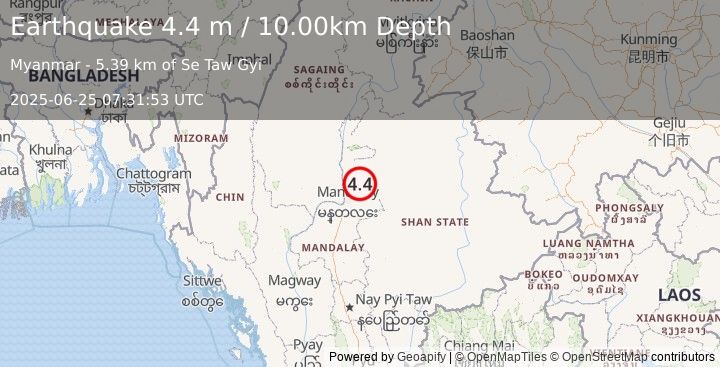 Earthquake MYANMAR (4.4 m) (2025-06-25 07:31:53 UTC)
