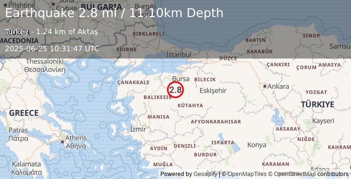 Earthquake WESTERN TURKEY (2.8 ml) (2025-06-25 10:31:47 UTC)