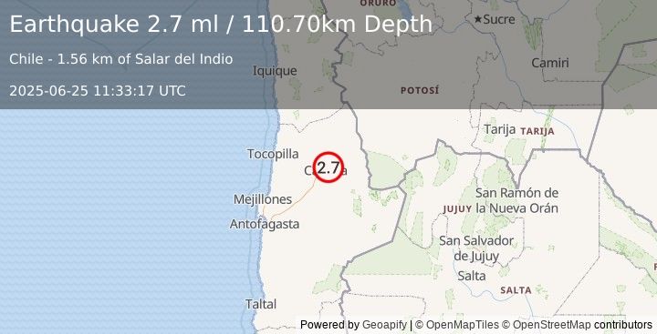 Earthquake ANTOFAGASTA, CHILE (2.7 ml) (2025-06-25 11:33:17 UTC)