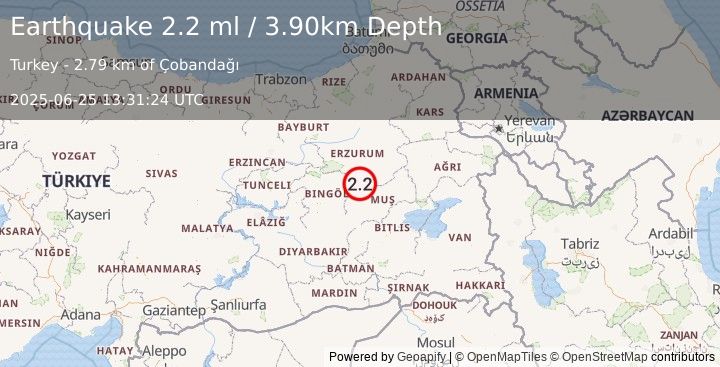 Earthquake EASTERN TURKEY (2.2 ml) (2025-06-25 13:31:24 UTC)