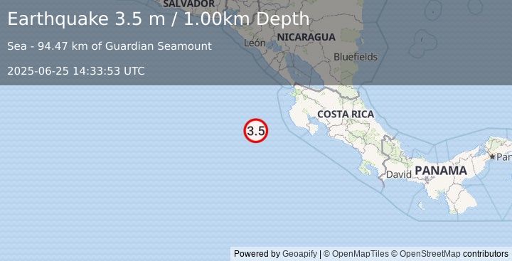 Earthquake OFF COAST OF COSTA RICA (3.5 m) (2025-06-25 14:33:53 UTC)