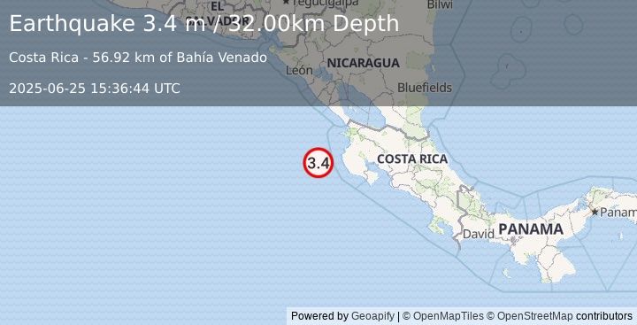 Earthquake OFF COAST OF COSTA RICA (3.4 m) (2025-06-25 15:36:44 UTC)