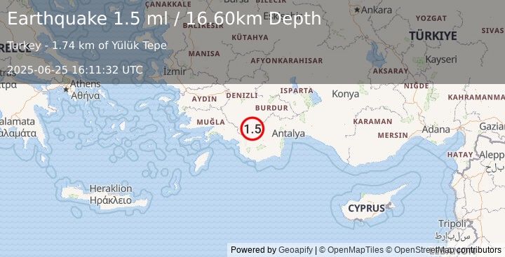 Earthquake WESTERN TURKEY (1.5 ml) (2025-06-25 16:11:32 UTC)