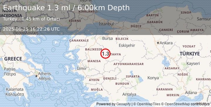 Earthquake WESTERN TURKEY (1.3 ml) (2025-06-25 16:22:26 UTC)