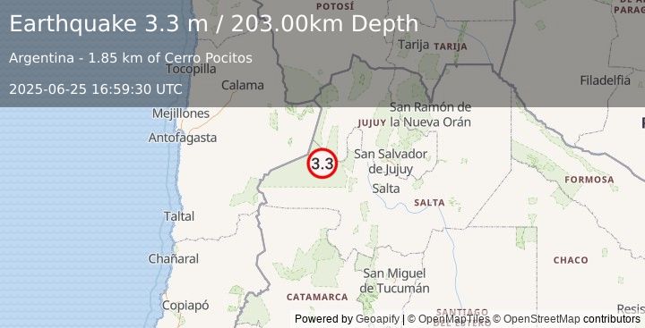 Earthquake SALTA, ARGENTINA (3.3 m) (2025-06-25 16:59:30 UTC)