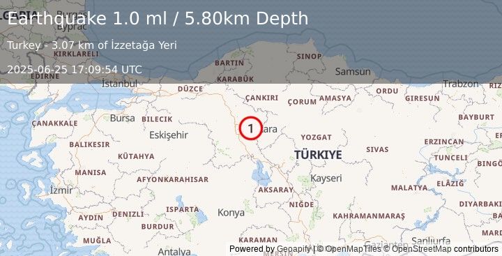 Earthquake CENTRAL TURKEY (1.0 ml) (2025-06-25 17:09:54 UTC)