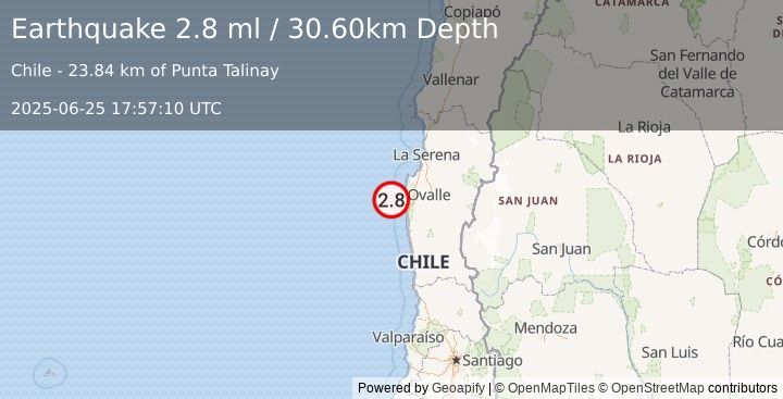 Earthquake OFFSHORE COQUIMBO, CHILE (2.8 ml) (2025-06-25 17:57:10 UTC)