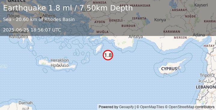 Earthquake EASTERN MEDITERRANEAN SEA (1.8 ml) (2025-06-25 18:56:07 UTC)