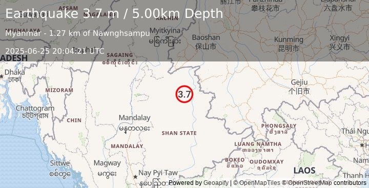 Earthquake MYANMAR-CHINA BORDER REGION (3.7 m) (2025-06-25 20:04:21 UTC)