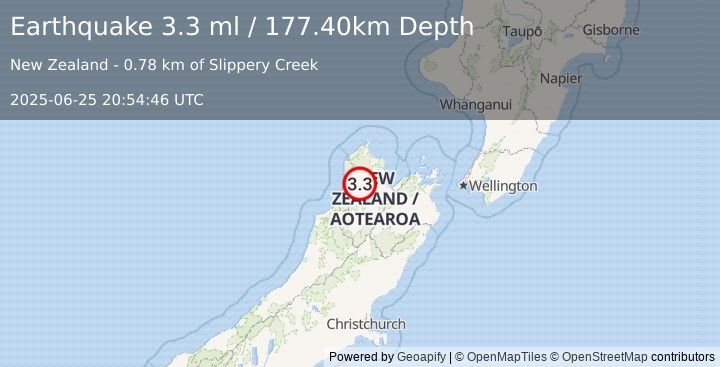 Earthquake SOUTH ISLAND OF NEW ZEALAND (3.3 ml) (2025-06-25 20:54:46 UTC)