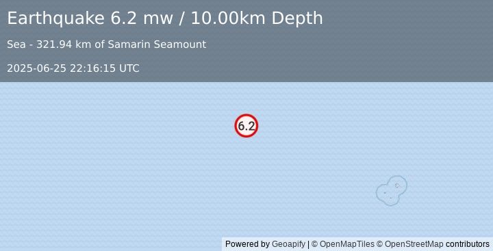 Earthquake SOUTHERN MID-ATLANTIC RIDGE (6.2 mw) (2025-06-25 22:16:15 UTC)