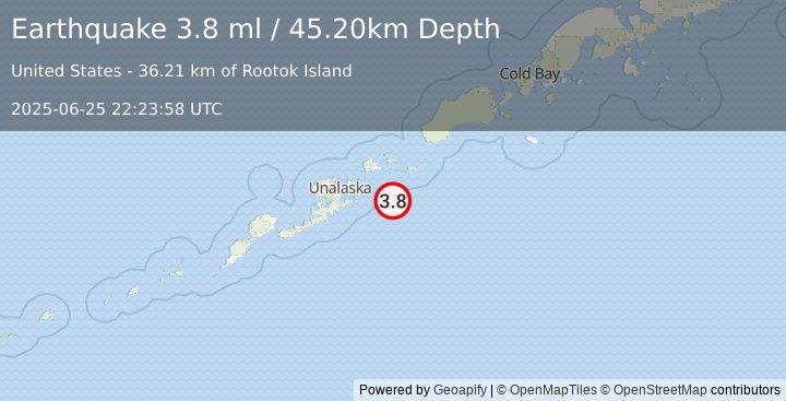 Earthquake FOX ISLANDS, ALEUTIAN ISLANDS (3.8 ml) (2025-06-25 22:23:57 UTC)