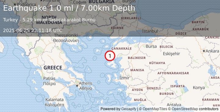 Earthquake NEAR THE COAST OF WESTERN TURKEY (1.0 ml) (2025-06-25 22:11:18 UTC)
