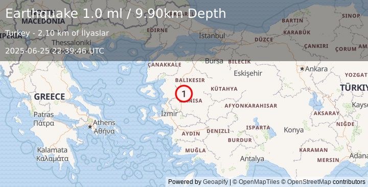 Earthquake WESTERN TURKEY (1.0 ml) (2025-06-25 22:39:46 UTC)