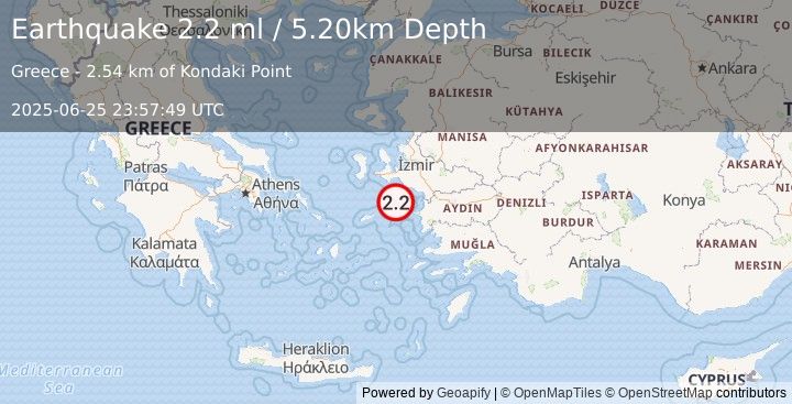 Earthquake DODECANESE ISLANDS, GREECE (2.2 ml) (2025-06-25 23:57:49 UTC)