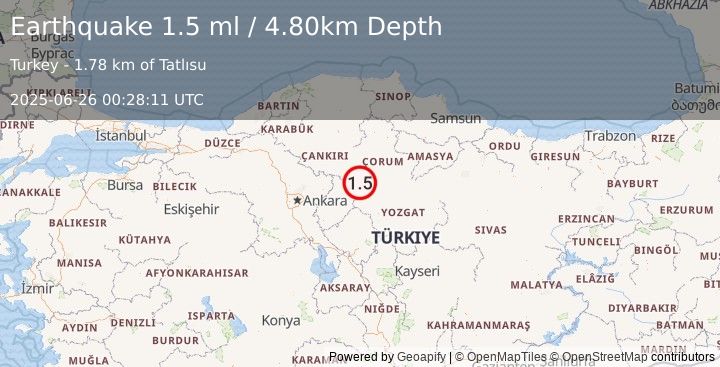 Earthquake CENTRAL TURKEY (1.5 ml) (2025-06-26 00:28:11 UTC)