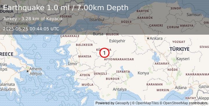 Earthquake WESTERN TURKEY (1.0 ml) (2025-06-26 00:44:05 UTC)