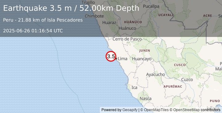 Earthquake NEAR COAST OF CENTRAL PERU (3.5 m) (2025-06-26 01:16:54 UTC)