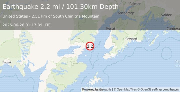 Earthquake SOUTHERN ALASKA (2.2 ml) (2025-06-26 01:17:39 UTC)