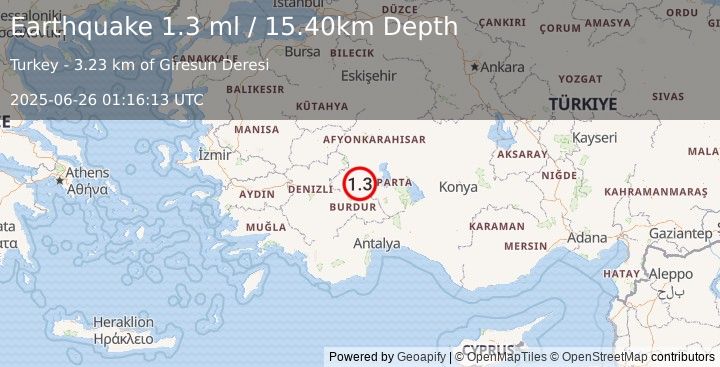 Earthquake WESTERN TURKEY (1.3 ml) (2025-06-26 01:16:13 UTC)