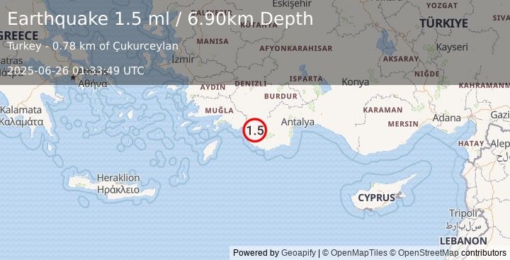 Earthquake WESTERN TURKEY (1.5 ml) (2025-06-26 01:33:49 UTC)