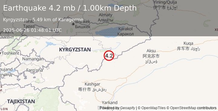 Earthquake KYRGYZSTAN (4.2 mb) (2025-06-26 01:48:01 UTC)