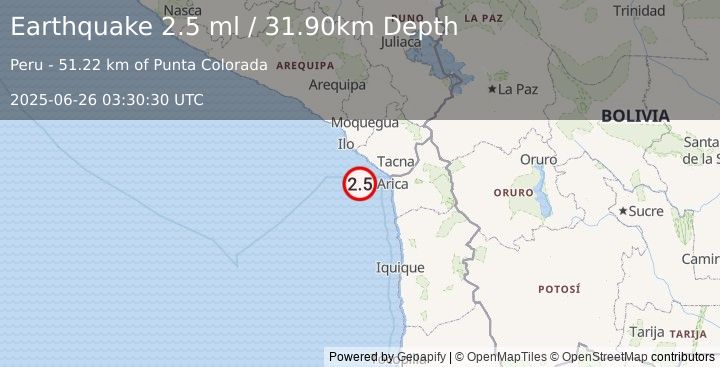 Earthquake OFF COAST OF TARAPACA, CHILE (2.5 ml) (2025-06-26 03:30:30 UTC)