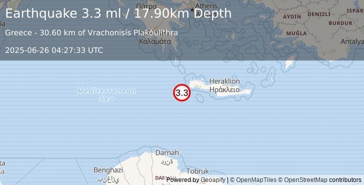 Earthquake CRETE, GREECE (3.3 ml) (2025-06-26 04:27:32 UTC)