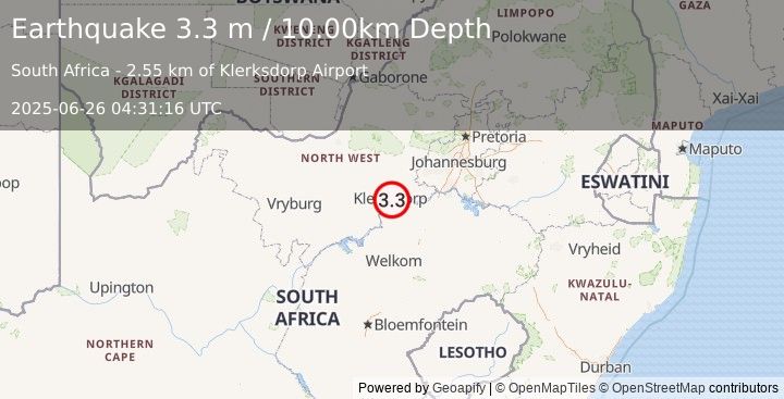 Earthquake SOUTH AFRICA (3.3 m) (2025-06-26 04:31:16 UTC)