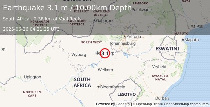 Earthquake SOUTH AFRICA (3.1 m) (2025-06-26 04:21:25 UTC)