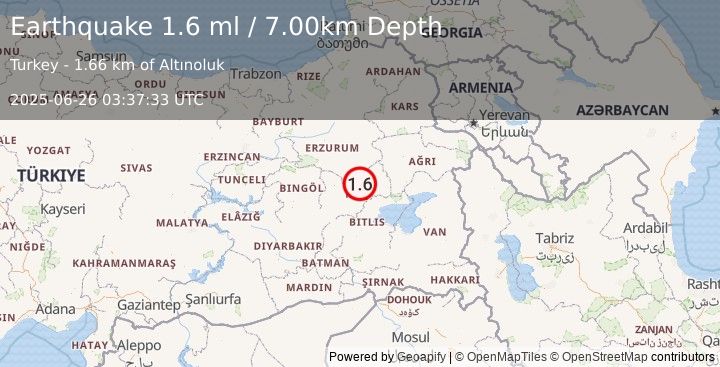 Earthquake EASTERN TURKEY (1.6 ml) (2025-06-26 03:37:33 UTC)